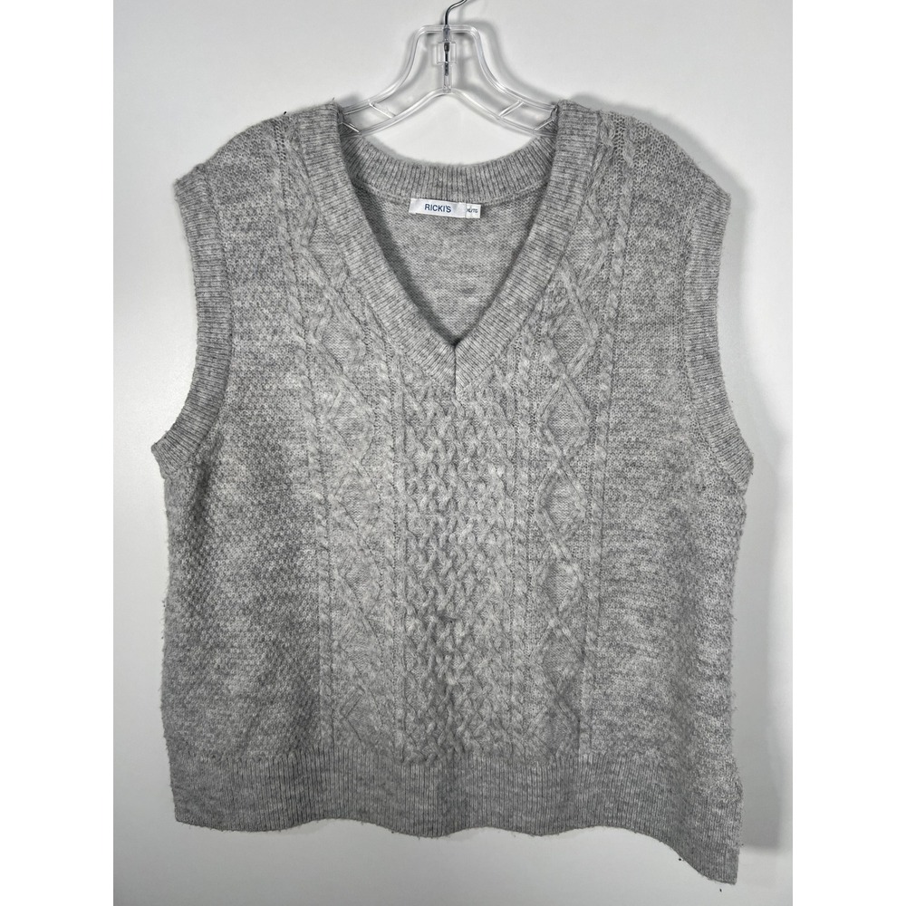 Rickis Gray Cable Knit V-Neck Sweater Vest Academia Preppy Sleeveless Vest XL